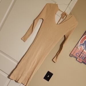 Chic Beige Ribbed Knit Long Sleeve Dress